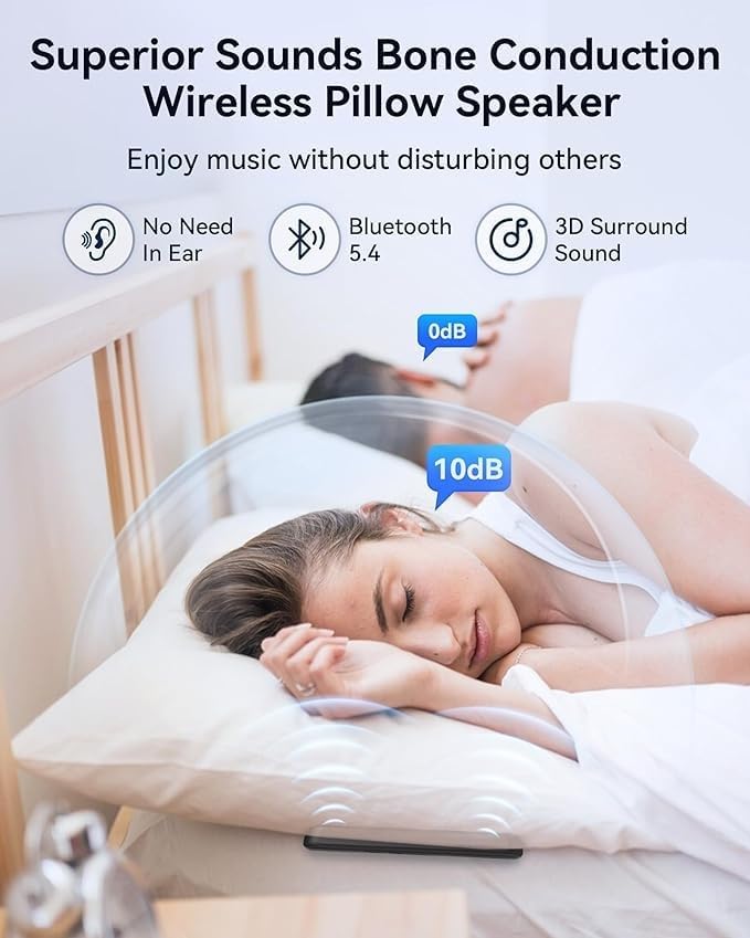 Altavoces para debajo de la almohada para dormir: Bluetooth, tecnología de conducción ósea, generador de ruido blanco 3D, control de volumen y temporizador de apagado, compatible con tarjeta TF.