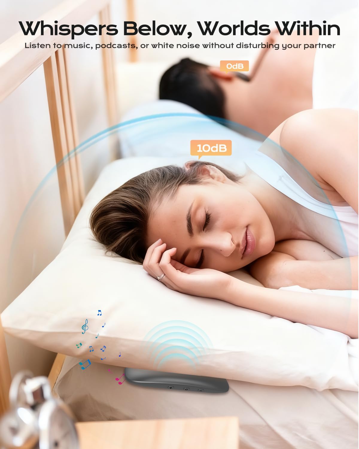 Altavoz de conducción ósea para debajo de la almohada para dormir, ultradelgado, inalámbrico, Bluetooth 5.3, para la mesita de noche, mini caja de sonido con tarjeta TF y apagado automático.