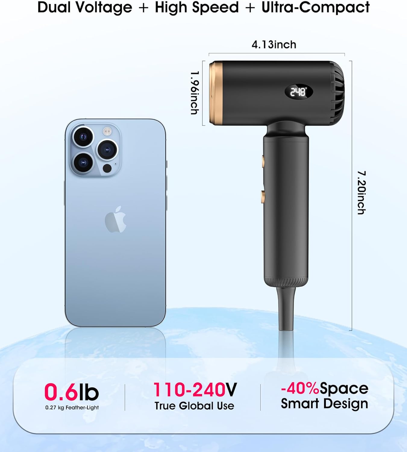 Secador de pelo de viaje, mini secador iónico de doble voltaje para un secado rápido, secador de pelo compacto y ligero con difusor magnético para el hogar y los viajes.
