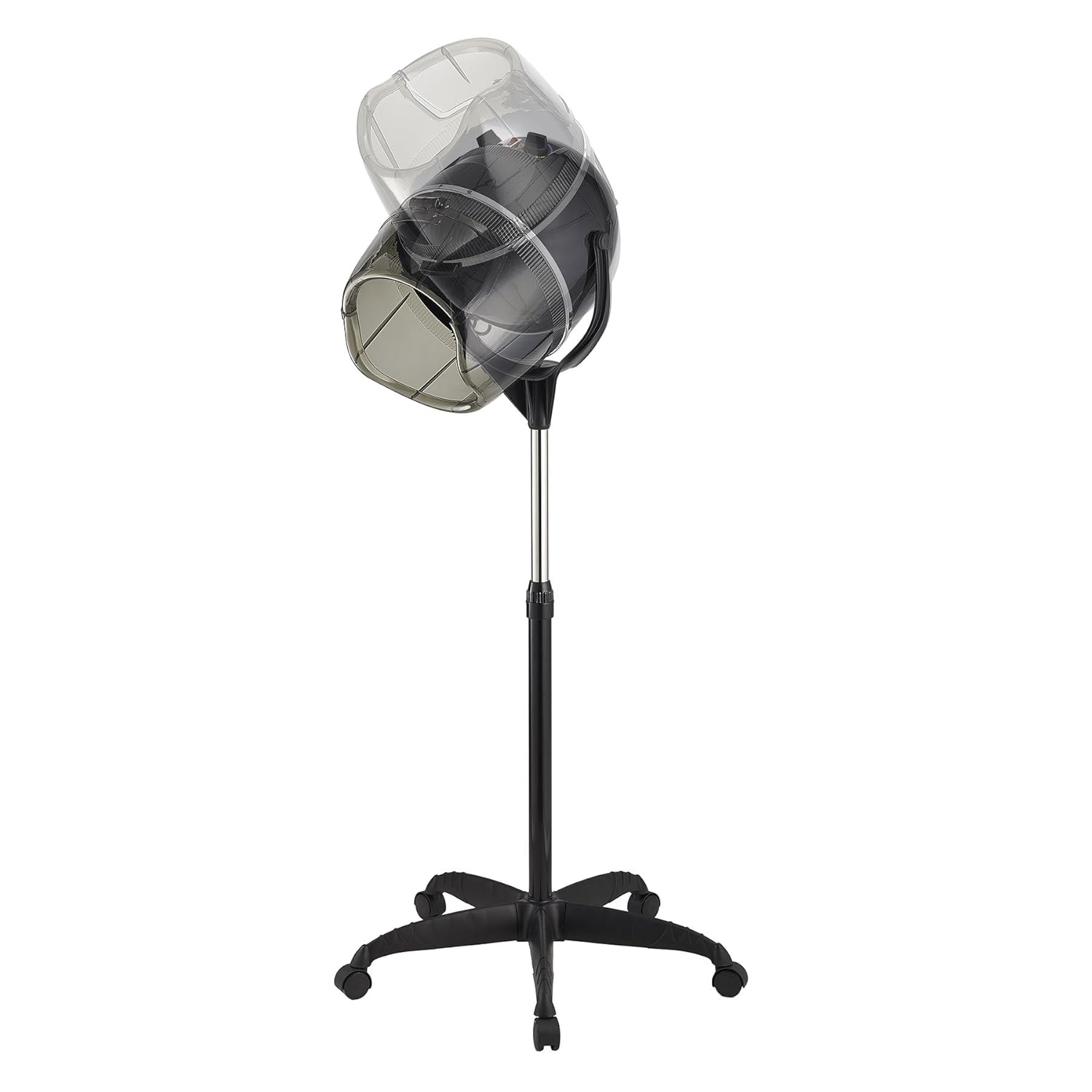 Secador de pelo profesional con capucha ajustable en altura, de pie, con base rodante y ruedas, ideal para salones de belleza y spas domésticos.