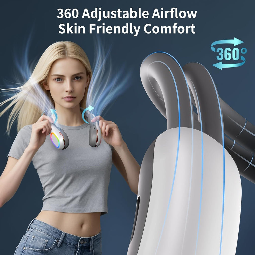 Ventilador portátil para el cuello, ventilador sin aspas con ajuste de dirección del viento de 360°, ventilador personal portátil con batería de 6000 mAh, ventilador de refrigeración flexible para exteriores.