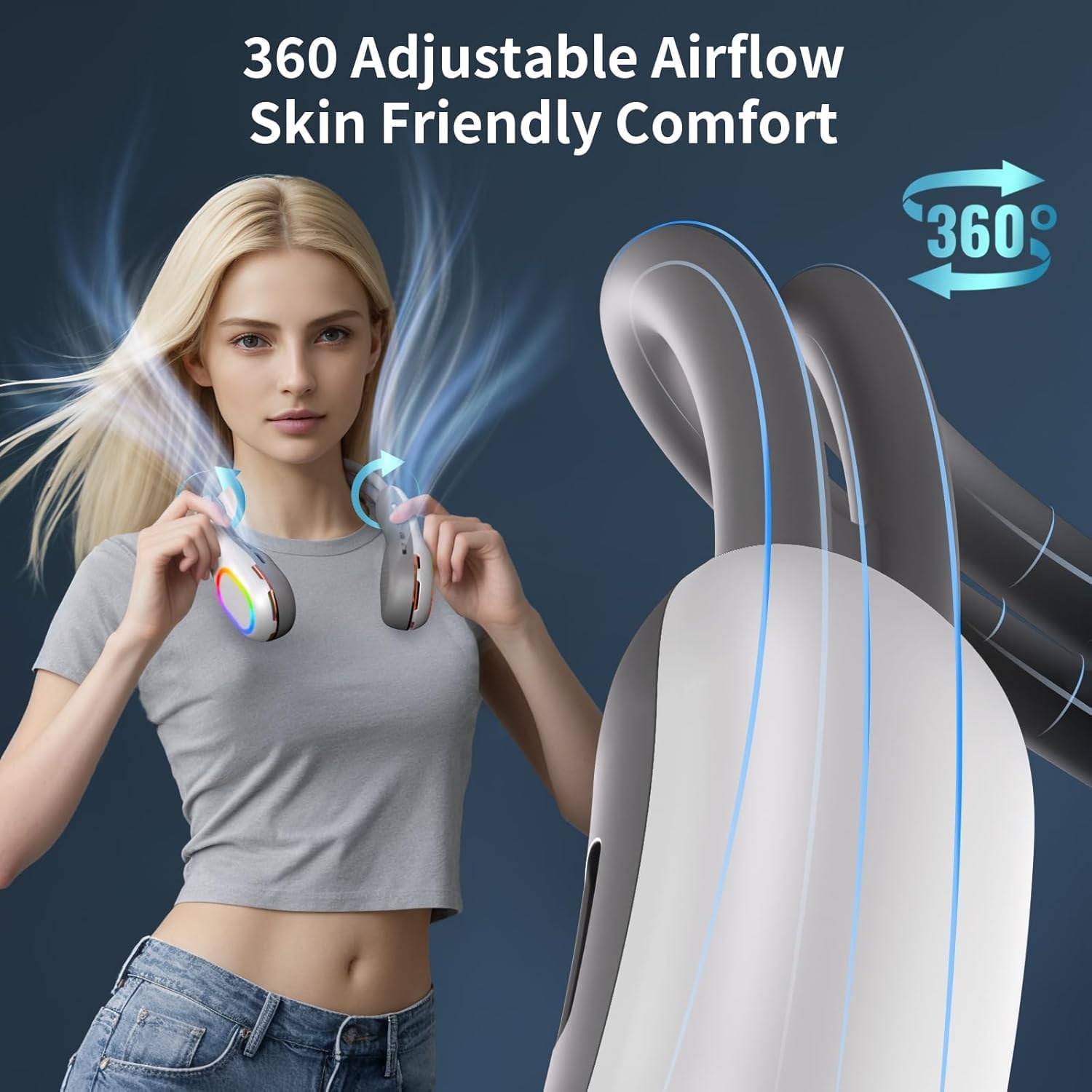 Ventilador portátil para el cuello, ventilador sin aspas con ajuste de dirección del viento de 360°, ventilador personal portátil con batería de 6000 mAh, ventilador de refrigeración flexible para exteriores.
