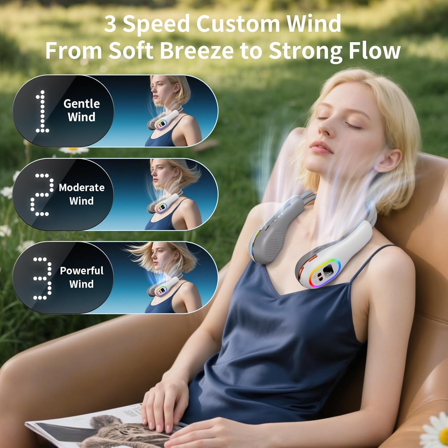 Ventilador portátil para el cuello, ventilador sin aspas con ajuste de dirección del viento de 360°, ventilador personal portátil con batería de 6000 mAh, ventilador de refrigeración flexible para exteriores.