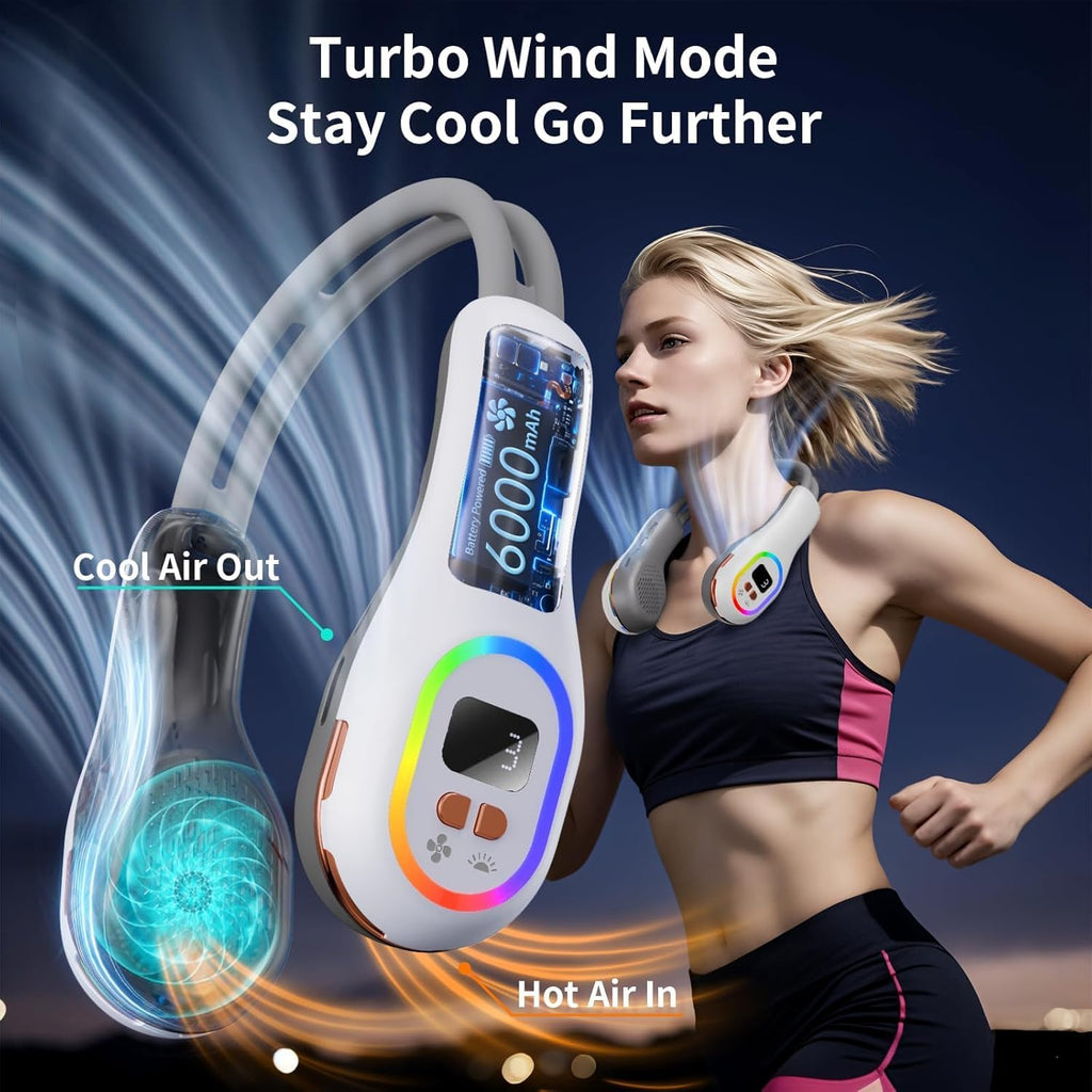 Ventilador portátil para el cuello, ventilador sin aspas con ajuste de dirección del viento de 360°, ventilador personal portátil con batería de 6000 mAh, ventilador de refrigeración flexible para exteriores.