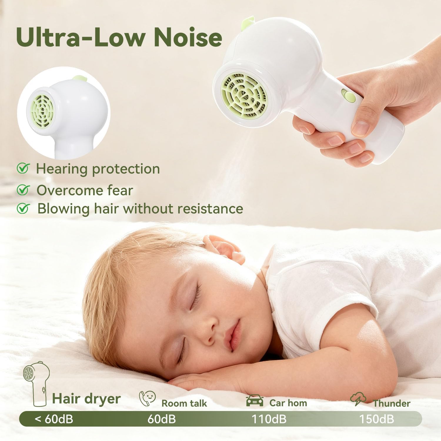 Secador de pelo inalámbrico para bebés, mini secador recargable con base de carga, flujo de aire suave de 100 °F, bajo nivel de ruido, seguro para recién nacidos y niños.