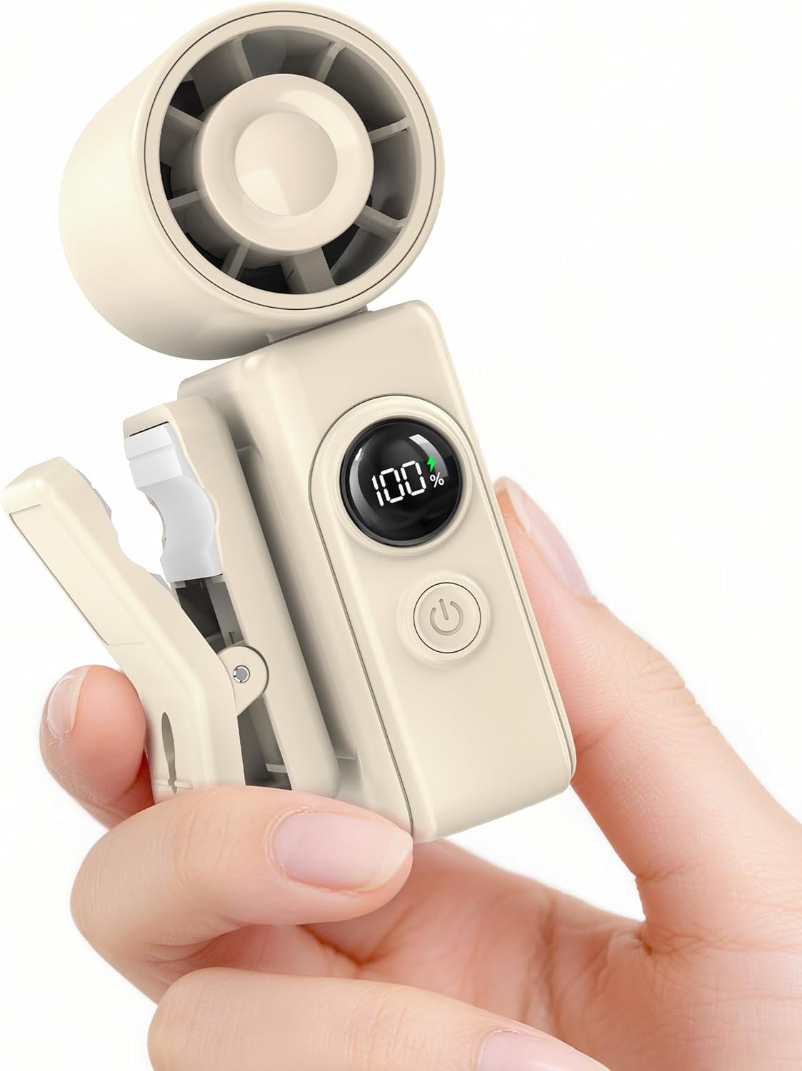 Mini ventilador portátil con clip, manos libres, ventilador personal turbo recargable con 4 velocidades de viento y pantalla LED, ideal para refrescarse en verano.