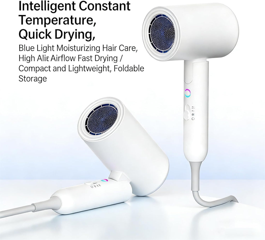 Secador de pelo iónico, 2000 W, plegable, de viaje, portátil y compacto, blanco, con gran flujo de aire y bajo nivel de ruido, ideal para el hogar y los viajes.