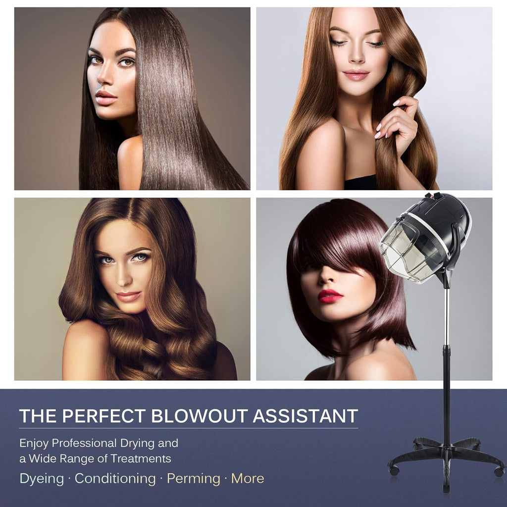 Secador de pelo profesional con capucha ajustable en altura, de pie, con base rodante y ruedas, ideal para salones de belleza y spas domésticos.