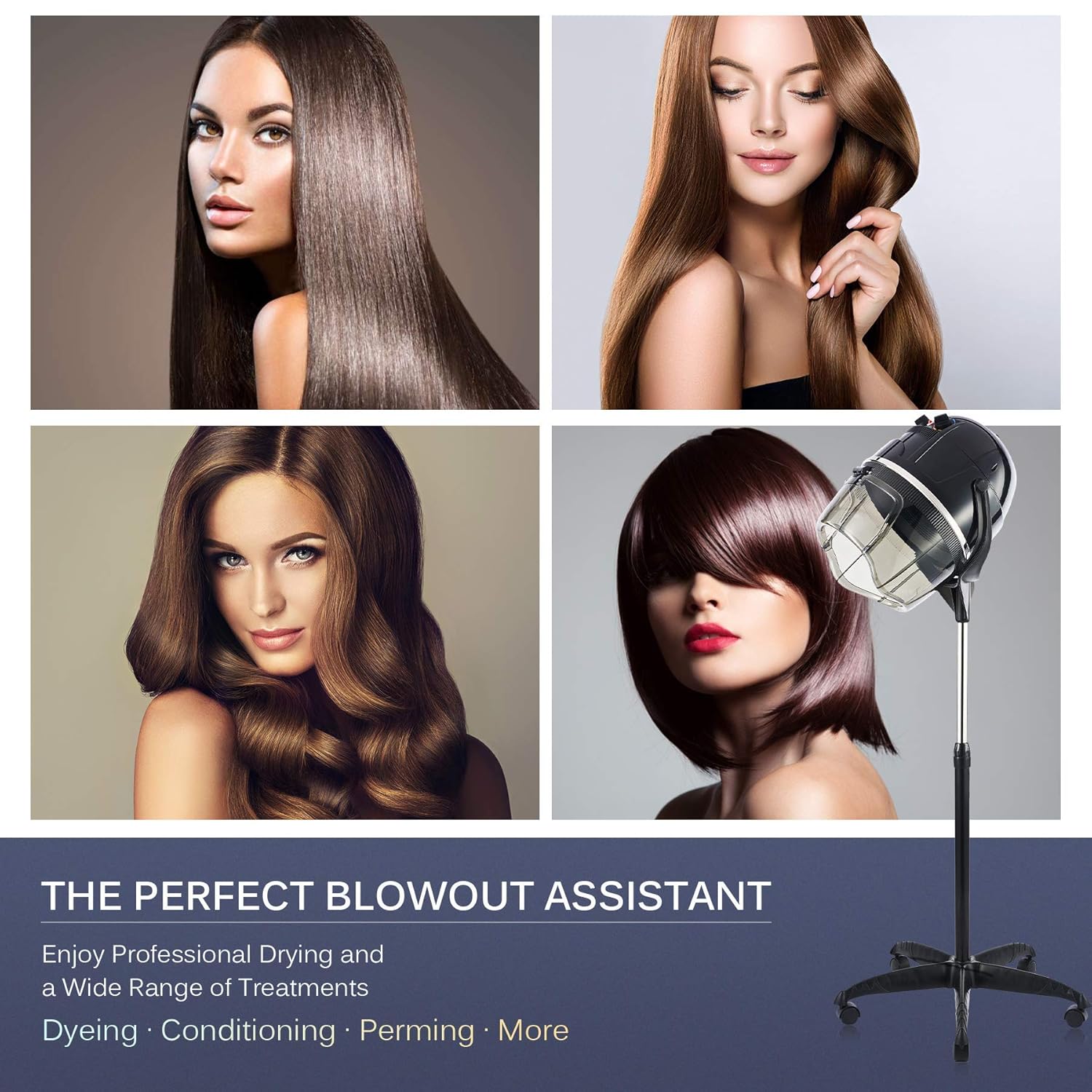 Secador de pelo profesional con capucha ajustable en altura, de pie, con base rodante y ruedas, ideal para salones de belleza y spas domésticos.