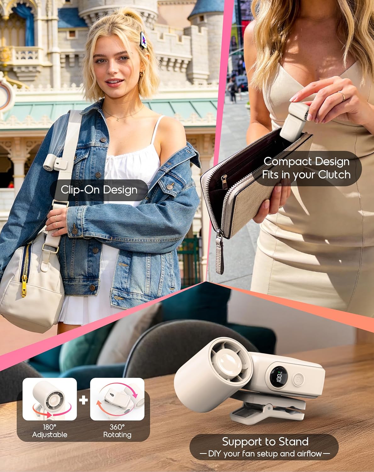 Mini ventilador portátil con clip, manos libres, ventilador personal turbo recargable con 4 velocidades de viento y pantalla LED, ideal para refrescarse en verano.